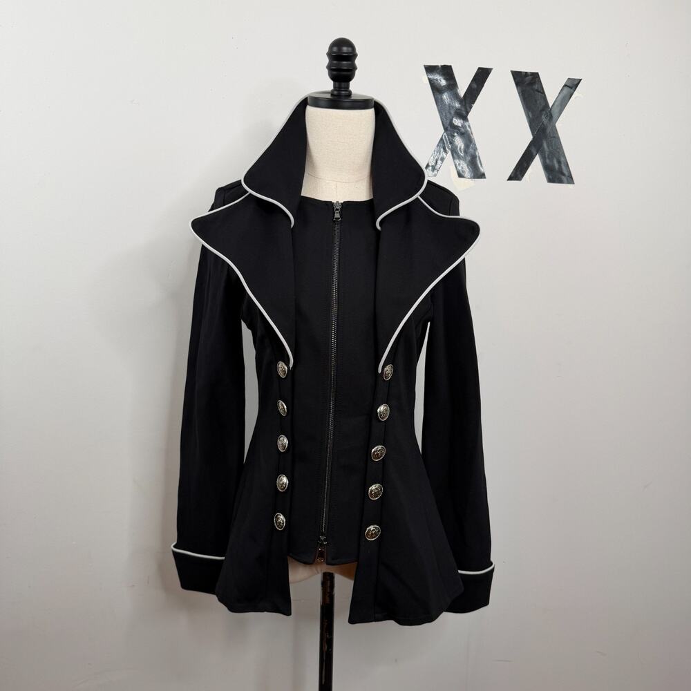 Joseph Ribkoff Black White Piping Sculptural Statement Collar Zip Up Jacket 4 /S